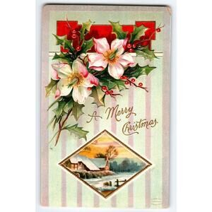 Vintage 1909 Embossed Christmas Postcard with Holly & Winter Cottage